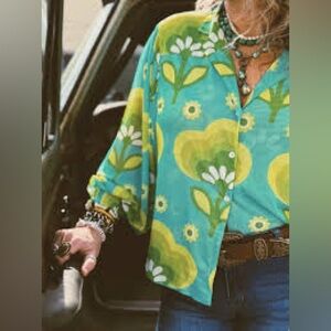 Lil Bees Bohemian Mesh Retro Floral Sheer Balloon Sleeve Top